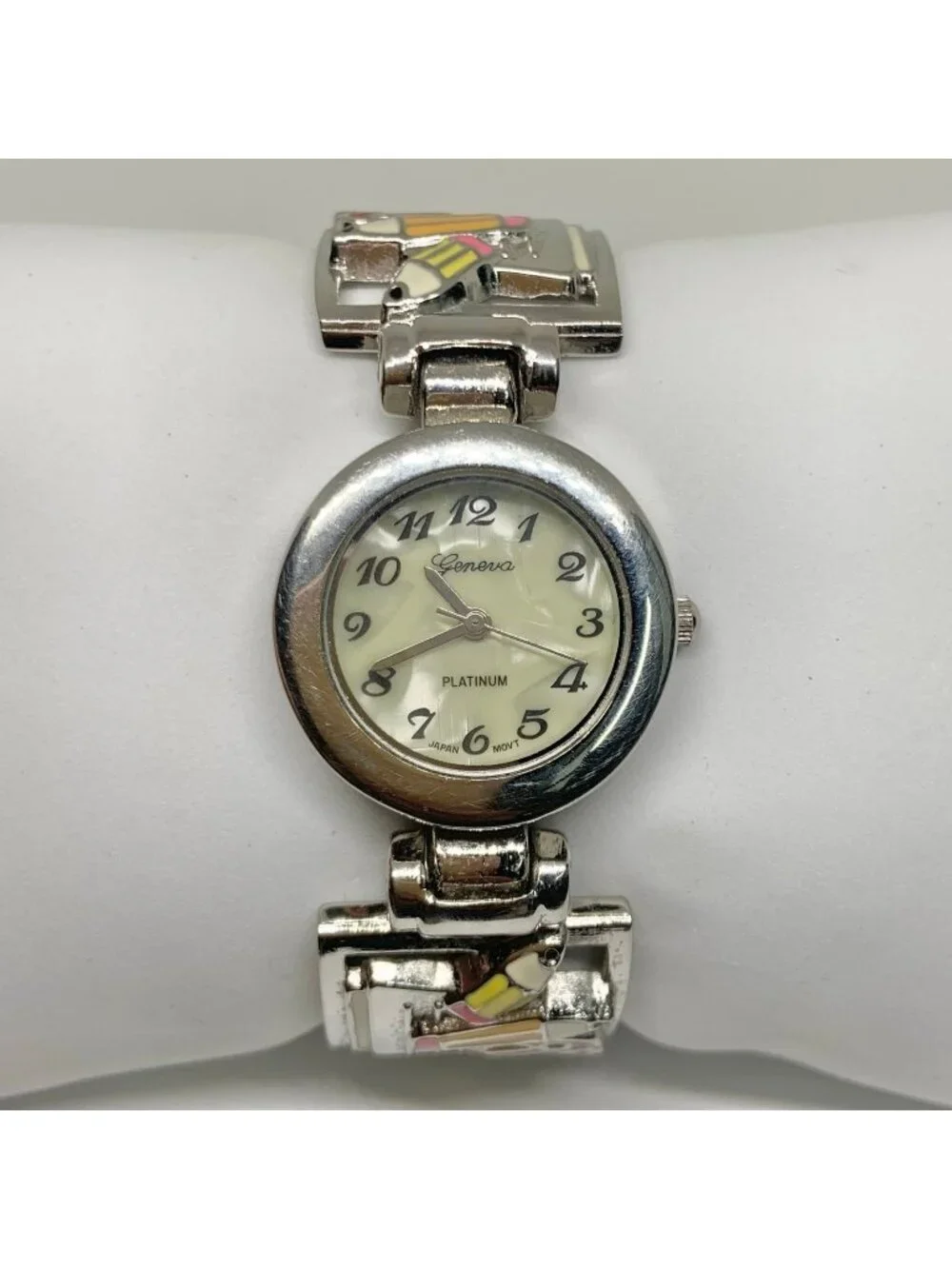 Geneva Teacher School cuff bracelet watch 26mm silver tone quartz running